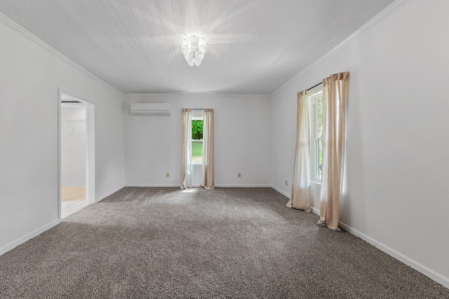 carpeted empty room featuring a wall mounted air conditioner, crown molding, and baseboards