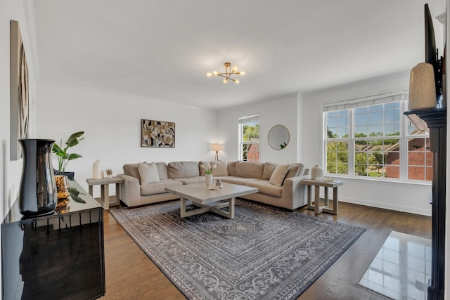 1206 Forest Lake Ct, Franklin, TN 37064 - living room with a chandelier, dark wood finished floors, and baseboards