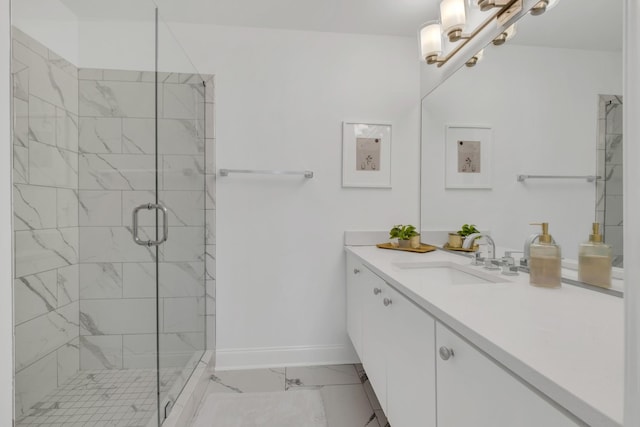 1206 Forest Lake Ct, Franklin, TN 37064 - full bathroom featuring marble look tile flooring, baseboards, a stall shower, vanity, and a chandelier