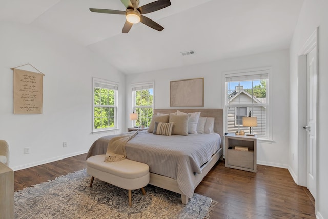 1206 Forest Lake Ct, Franklin, TN 37064 - bedroom with multiple windows, wood finished floors, lofted ceiling, baseboards, and ceiling fan