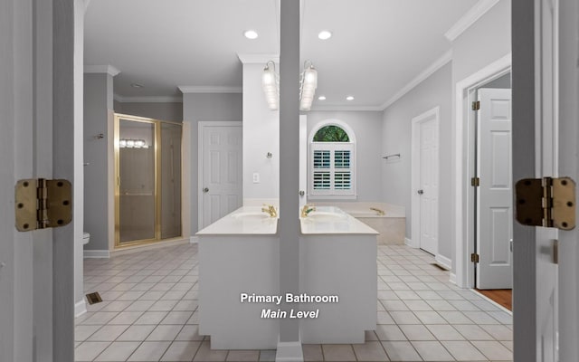 full bathroom featuring tile patterned floors, a shower stall, ornamental molding, toilet, and baseboards