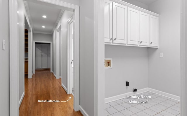 washroom with washer hookup, baseboards, ornamental molding, recessed lighting, and light wood finished floors