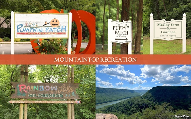 community / neighborhood sign featuring a mountain view and a wooded view