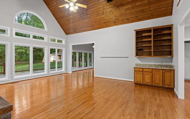 unfurnished living room featuring high vaulted ceiling, light wood finished floors, ceiling fan, wooden ceiling, and baseboards