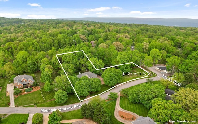 view of property location featuring a heavily wooded area and property boundaries highlighted