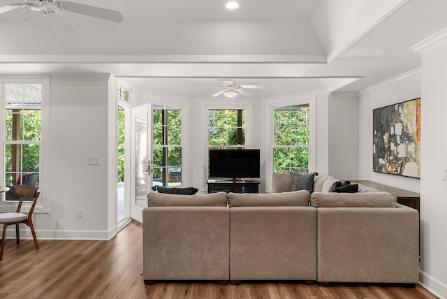 living room featuring ceiling fan, baseboards, wood finished floors, recessed lighting, and crown molding