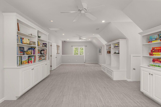playroom featuring a ceiling fan, light carpet, lofted ceiling, recessed lighting, and baseboards