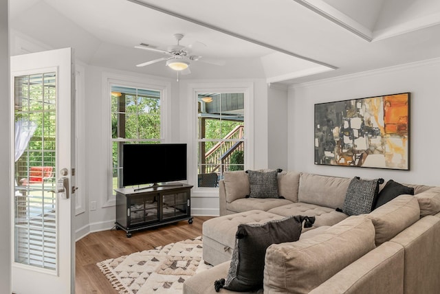living room with plenty of natural light, wood finished floors, ceiling fan, ornamental molding, and baseboards