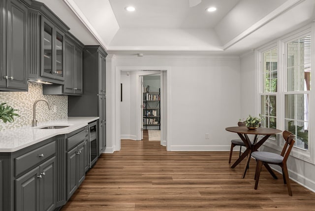 kitchen with a sink, a raised ceiling, gray cabinetry, backsplash, and dark wood finished floors