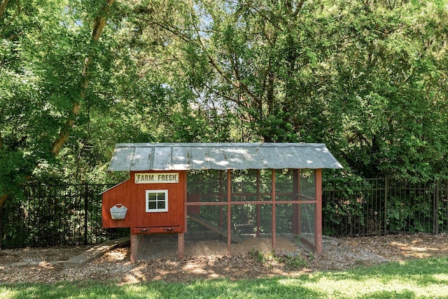 view of poultry coop with fence