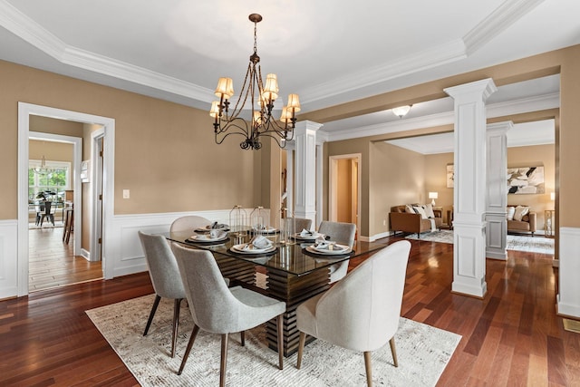 1115 Rossifer Ct, Gallatin, TN 37066 - dining room with decorative columns, dark wood-style floors, a chandelier, a wainscoted wall, and crown molding