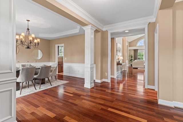 1115 Rossifer Ct, Gallatin, TN 37066 - dining room with dark wood-style floors, decorative columns, crown molding, and a chandelier