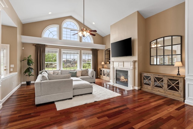 1115 Rossifer Ct, Gallatin, TN 37066 - living room featuring wood finished floors, a premium fireplace, a ceiling fan, and high vaulted ceiling