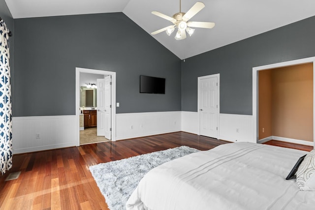 1115 Rossifer Ct, Gallatin, TN 37066 - bedroom featuring a wainscoted wall, wood finished floors, high vaulted ceiling, ensuite bathroom, and ceiling fan