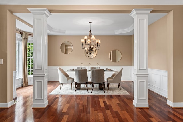 1115 Rossifer Ct, Gallatin, TN 37066 - dining area with decorative columns, dark wood-type flooring, a decorative wall, a wainscoted wall, and ornamental molding