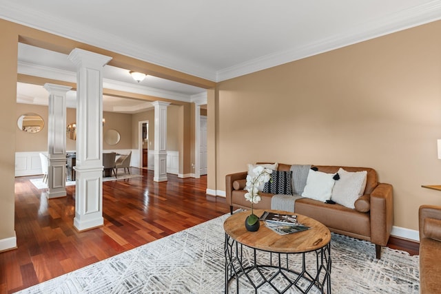 1115 Rossifer Ct, Gallatin, TN 37066 - living area with ornate columns, wood finished floors, ornamental molding, and baseboards