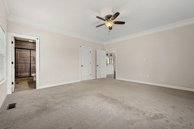 1165 Short Springs Rd, Tullahoma, TN 37388 - unfurnished bedroom featuring crown molding, carpet, baseboards, connected bathroom, and ceiling fan