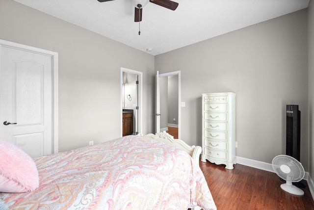 bedroom featuring baseboards, wood finished floors, and a ceiling fan