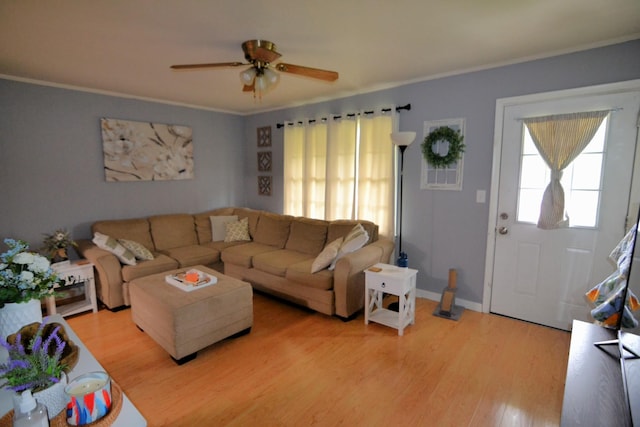 800 E Grigsby St, Pulaski, TN 38478 - living area with ornamental molding, ceiling fan, light wood-style flooring, and baseboards