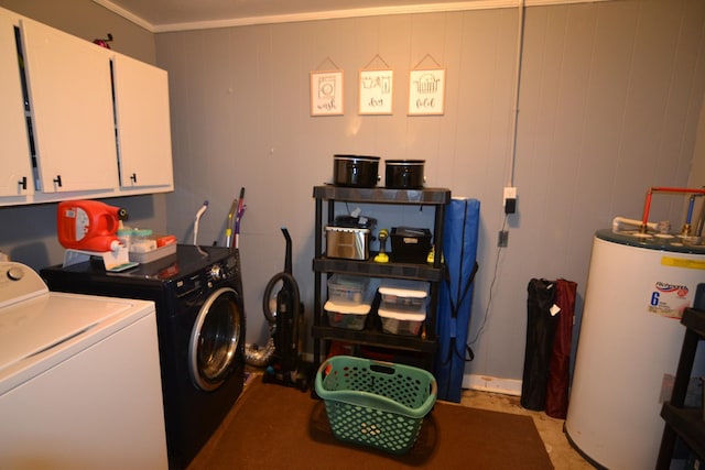 800 E Grigsby St, Pulaski, TN 38478 - laundry room with water heater, cabinet space, washer and dryer, and crown molding