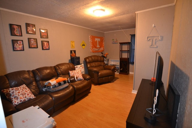 800 E Grigsby St, Pulaski, TN 38478 - living room with light wood-style flooring, a textured ceiling, and ornamental molding