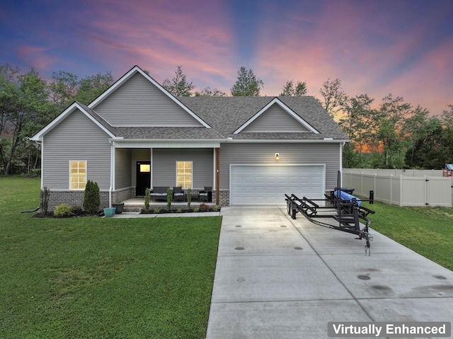 view of front of home featuring concrete driveway, a porch, an attached garage, and a shingled roof