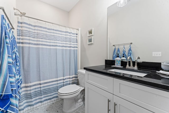 full bath with toilet, vanity, and curtained shower