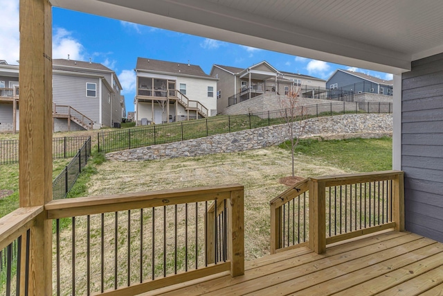 wooden deck featuring a residential view and a fenced backyard
