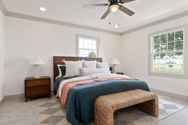 bedroom featuring light carpet, recessed lighting, a ceiling fan, and baseboards