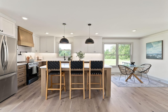 kitchen with appliances with stainless steel finishes, custom exhaust hood, light countertops, light wood-style flooring, and plenty of natural light
