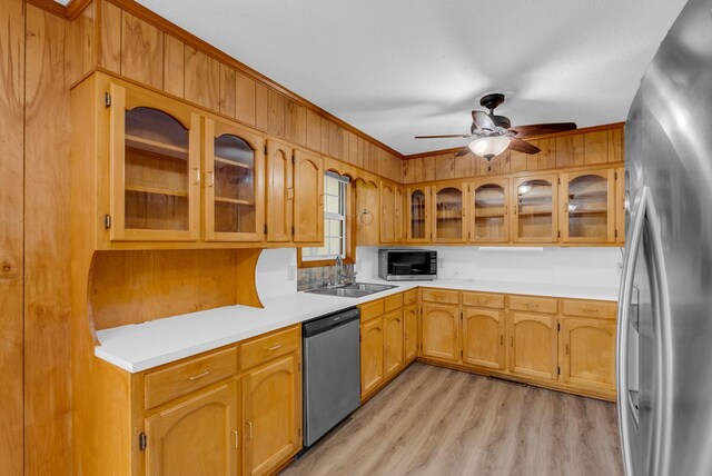 kitchen with appliances with stainless steel finishes, a sink, light countertops, light wood-style floors, and ceiling fan
