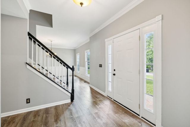 410 Springhouse Ct, Franklin, TN 37067 - entryway featuring ornamental molding, stairs, wood finished floors, and baseboards