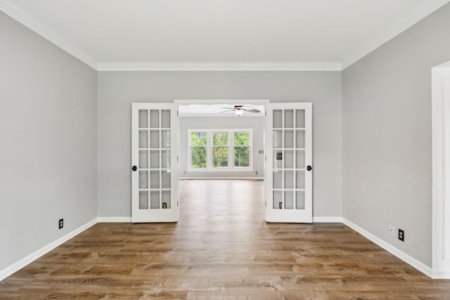 410 Springhouse Ct, Franklin, TN 37067 - empty room featuring french doors, ornamental molding, wood finished floors, baseboards, and ceiling fan