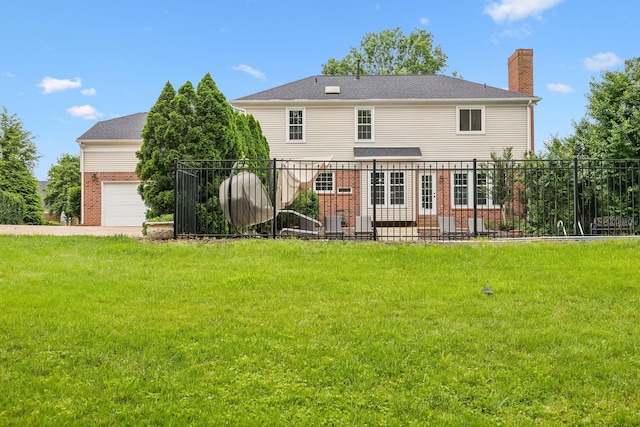 410 Springhouse Ct, Franklin, TN 37067 - back of property with brick siding, a chimney, a garage, and driveway