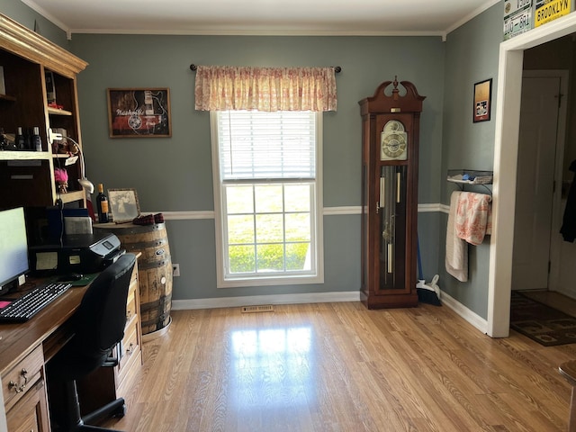 1224 Whiteside Hill Rd, Wartrace, TN 37183 - home office featuring light wood-style floors, baseboards, and crown molding