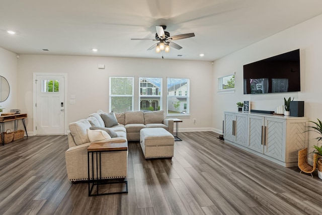 654 Taylor Bend Rd, Columbia, TN 38401 - living room with dark wood-style floors, healthy amount of natural light, a ceiling fan, recessed lighting, and baseboards