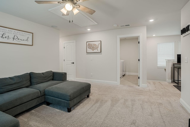 654 Taylor Bend Rd, Columbia, TN 38401 - living area with attic access, ceiling fan, recessed lighting, baseboards, and light carpet
