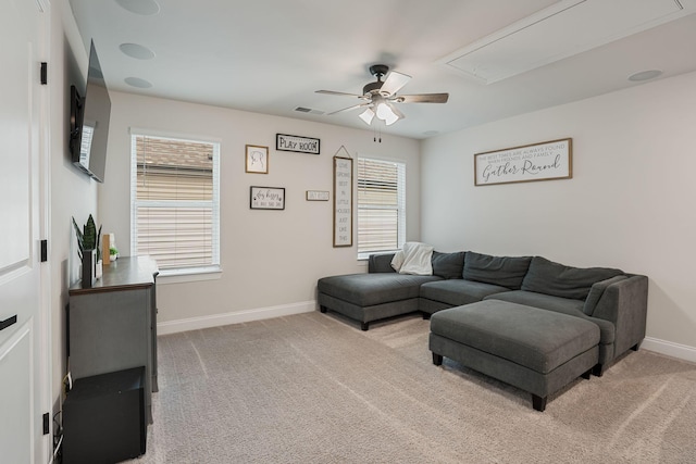 654 Taylor Bend Rd, Columbia, TN 38401 - living area with attic access, a ceiling fan, baseboards, and light colored carpet