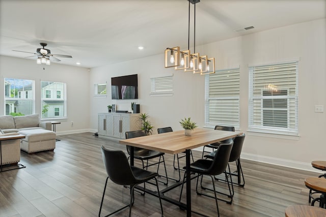 654 Taylor Bend Rd, Columbia, TN 38401 - dining space with wood finished floors, baseboards, a ceiling fan, recessed lighting, and a chandelier