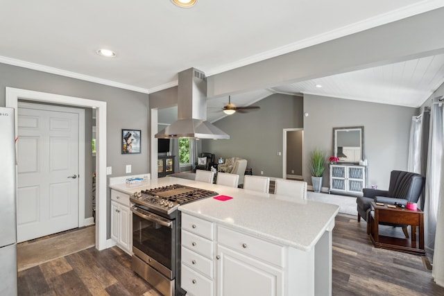 kitchen featuring appliances with stainless steel finishes, island range hood, open floor plan, dark wood finished floors, and white cabinetry