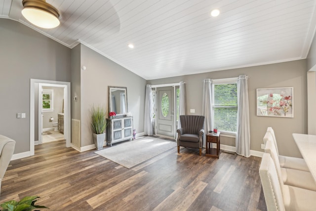 living area with vaulted ceiling, dark wood-type flooring, wood ceiling, baseboards, and recessed lighting