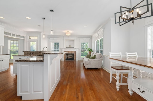 5417 Cavendish Dr, Murfreesboro, TN 37128 - kitchen with a sink, dark wood-type flooring, white cabinets, a fireplace, and crown molding