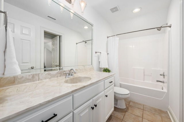 5417 Cavendish Dr, Murfreesboro, TN 37128 - bathroom featuring toilet, vanity, shower / tub combo, tile patterned floors, and recessed lighting
