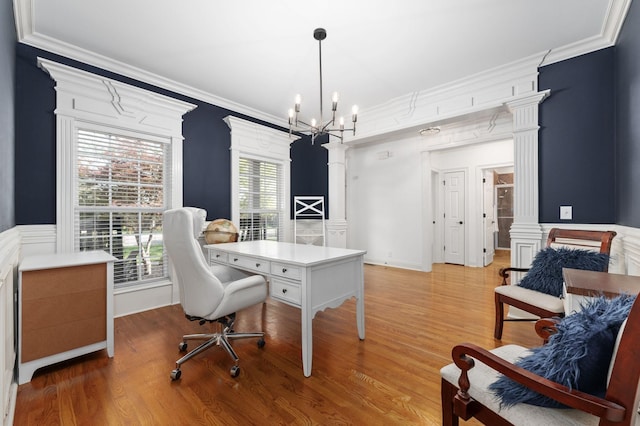 5417 Cavendish Dr, Murfreesboro, TN 37128 - office space with a chandelier, light wood-style floors, ornamental molding, a wainscoted wall, and decorative columns