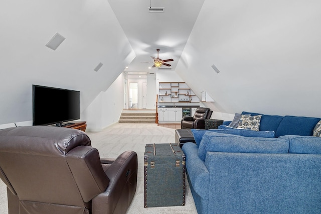 5417 Cavendish Dr, Murfreesboro, TN 37128 - carpeted living room with a ceiling fan, lofted ceiling, and baseboards