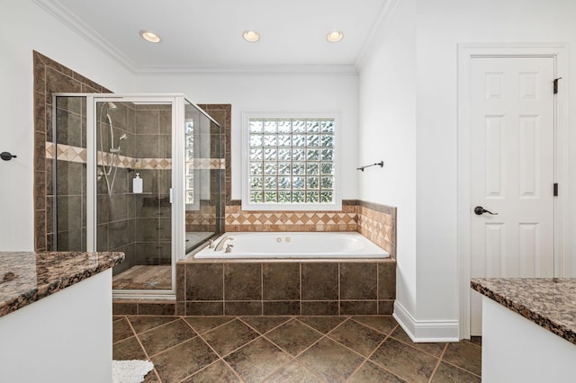 5417 Cavendish Dr, Murfreesboro, TN 37128 - bathroom featuring a bath, a shower stall, recessed lighting, ornamental molding, and vanity