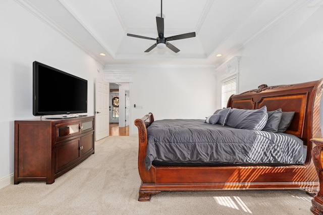 5417 Cavendish Dr, Murfreesboro, TN 37128 - bedroom with light colored carpet, a raised ceiling, crown molding, a ceiling fan, and recessed lighting