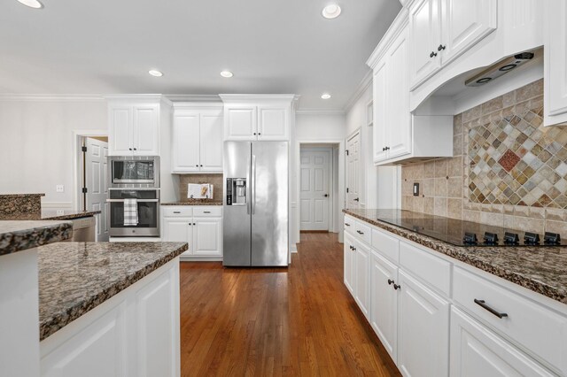 5417 Cavendish Dr, Murfreesboro, TN 37128 - kitchen with stainless steel appliances, dark stone counters, tasteful backsplash, white cabinetry, and recessed lighting
