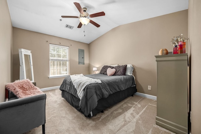 bedroom featuring baseboards, vaulted ceiling, light colored carpet, ceiling fan, and electric panel