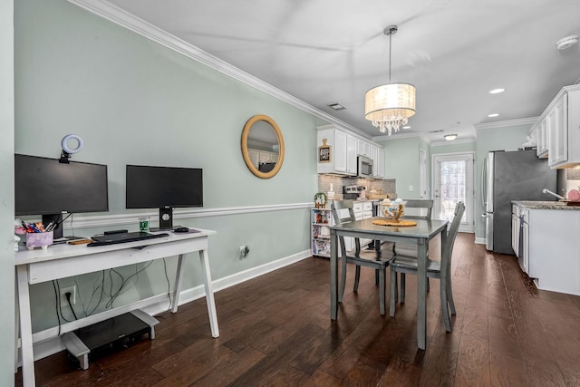 dining area with ornamental molding, baseboards, dark wood-type flooring, a chandelier, and recessed lighting